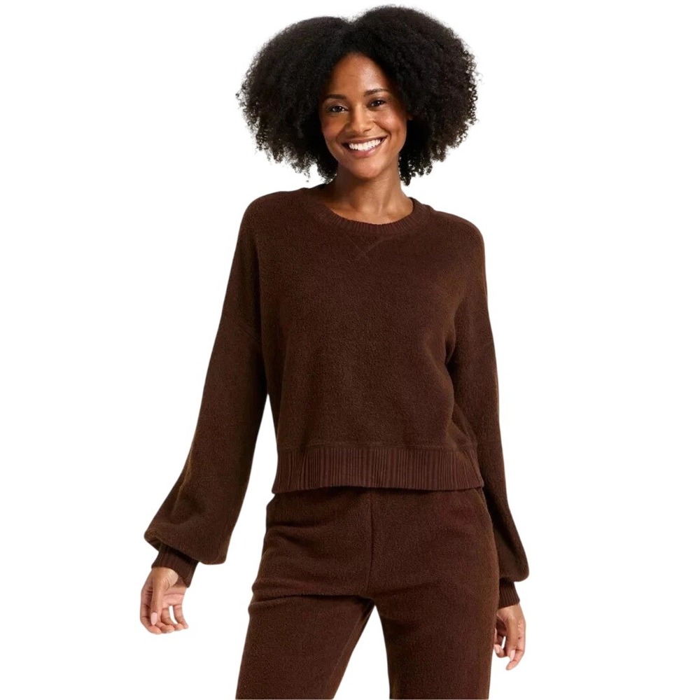 Auden Women's Brown Teddy Long Sleeve Ribbed Hem Pullover Sweatshirt Size Large
